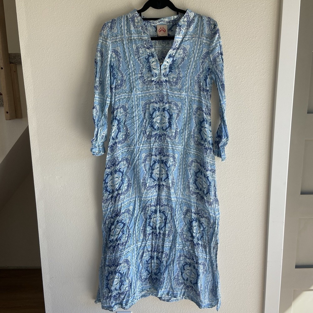 Le Sirenuse Positano Women's 40 Kaftan Maxi Dress Blue White Resort 100% Cotton